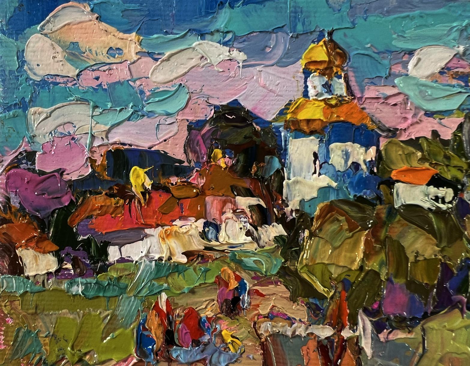 Oil painting Village Festive Day by Oksana Ivanyuk golden-domed church