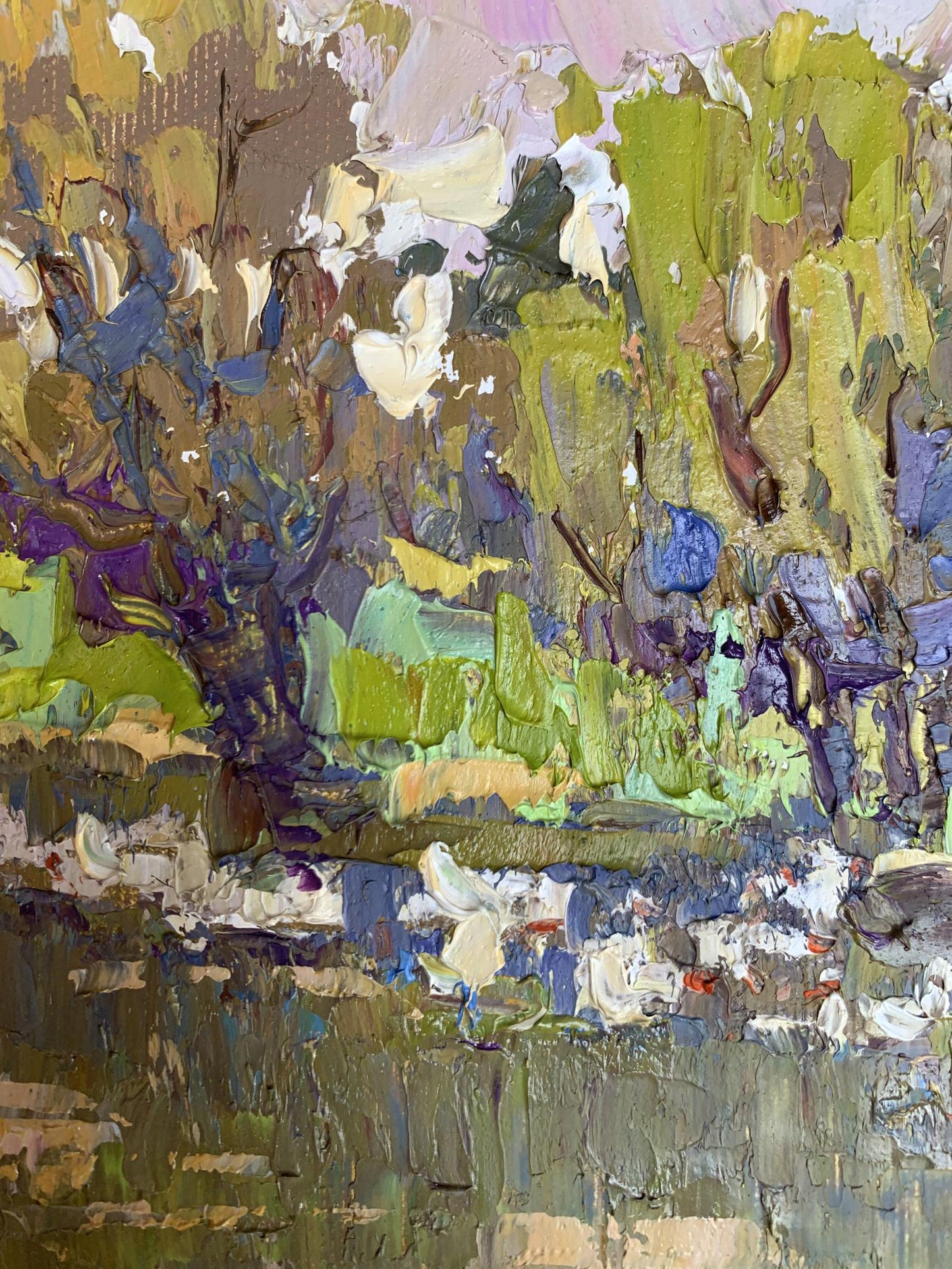 Oil painting Geese in the Lake by Oksana Ivanyuk, vibrant green purple strokes