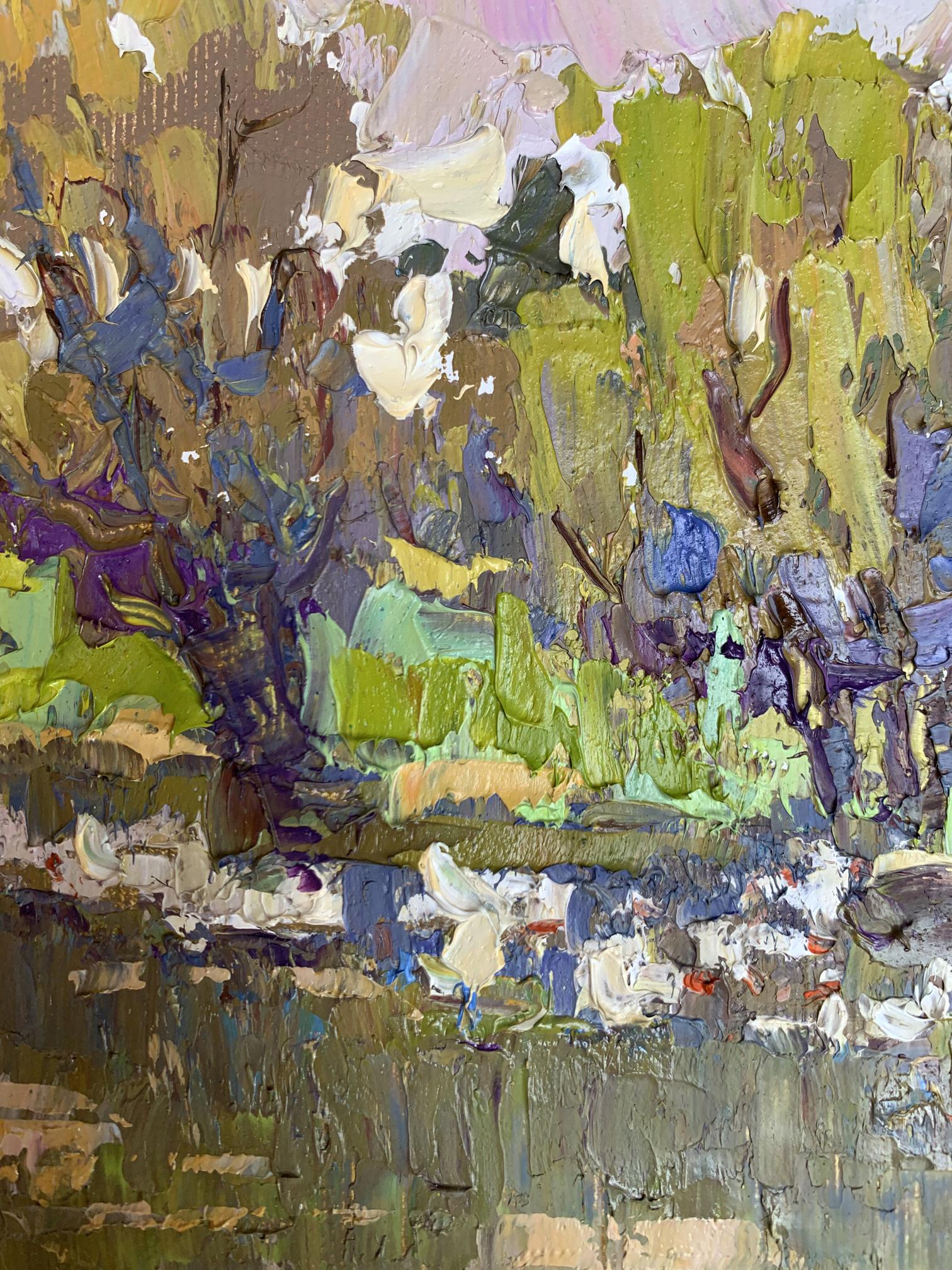 Oil painting Geese in the Lake by Oksana Ivanyuk, vibrant green purple strokes