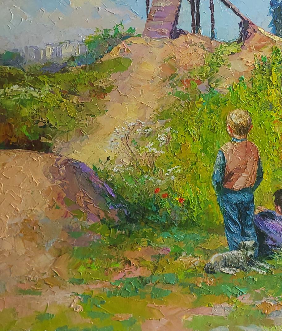 Oil painting Freeride by Boris Serdyuk: boy in blue jacket on grassy hillside