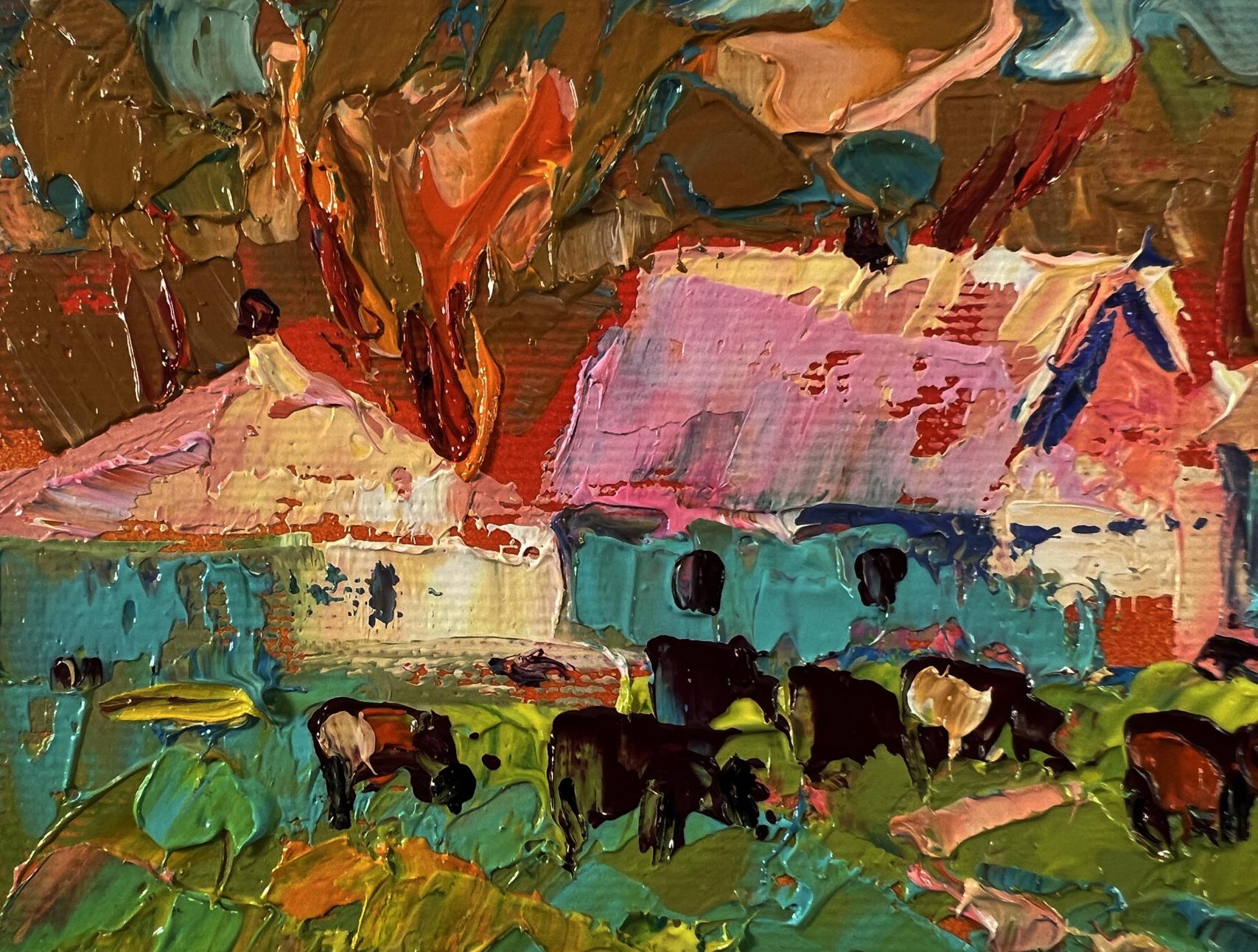 Vibrant impressionist oil painting by Oleksiy Ivanyuk: cows grazing under colorful rooftops