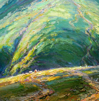 Vibrant oil painting of swirling ocean wave high in mountains by Leonid Pavlenko