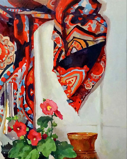 Oil painting Still life with hollyhocks by Anastasia Yaroshevich, vibrant scarf