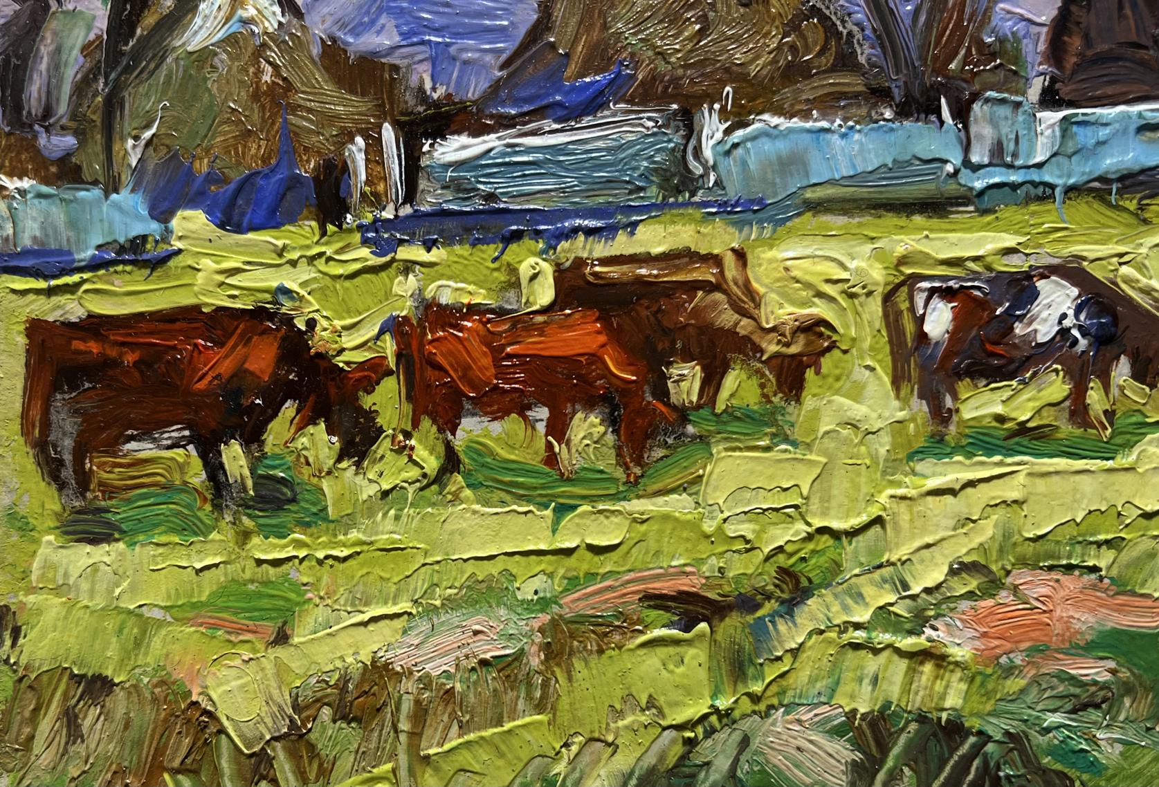 Vibrant Oleksiy Ivanyuk oil painting of cows grazing in lush green field