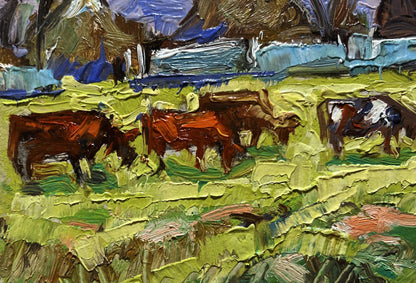 Vibrant Oleksiy Ivanyuk oil painting of cows grazing in lush green field