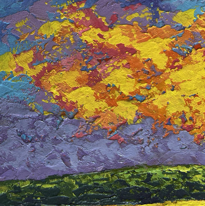 Vibrant sunset oil painting by V. Zadorozhnya with bold yellow, orange, purple, green strokes