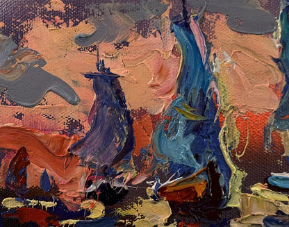 Abstract expressionist oil painting of sailboats and orange sunset by Oleksiy Ivanyuk
