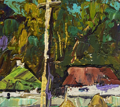 Vibrant impressionist oil painting by Oleksiy Ivanyuk of village bench scene