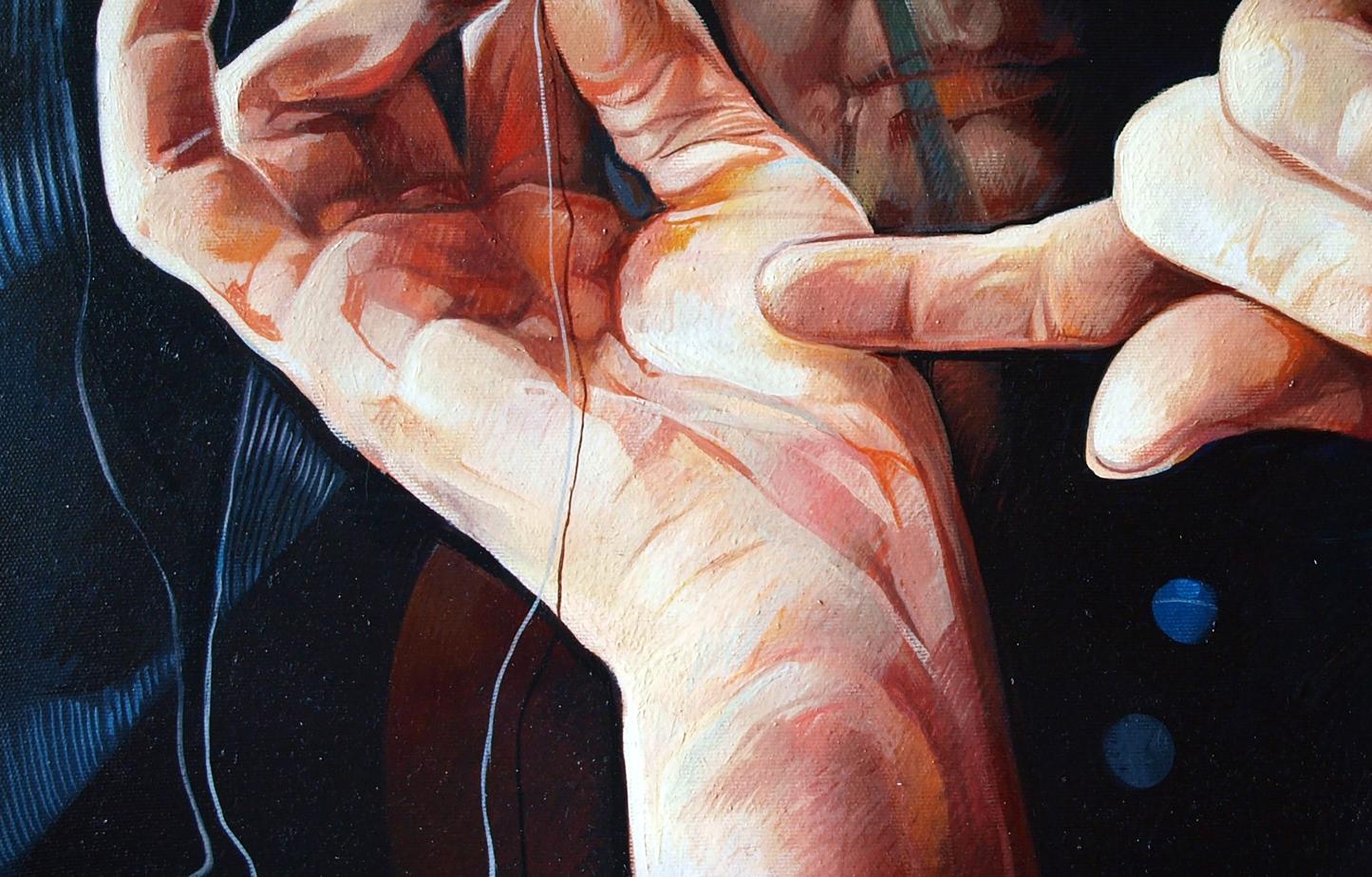 Oil painting of hands delicately threading white string by Konsta G. Amelinn