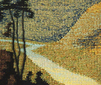 Handmade Vasily Korkishko tapestry: winding path through golden hills and dark trees