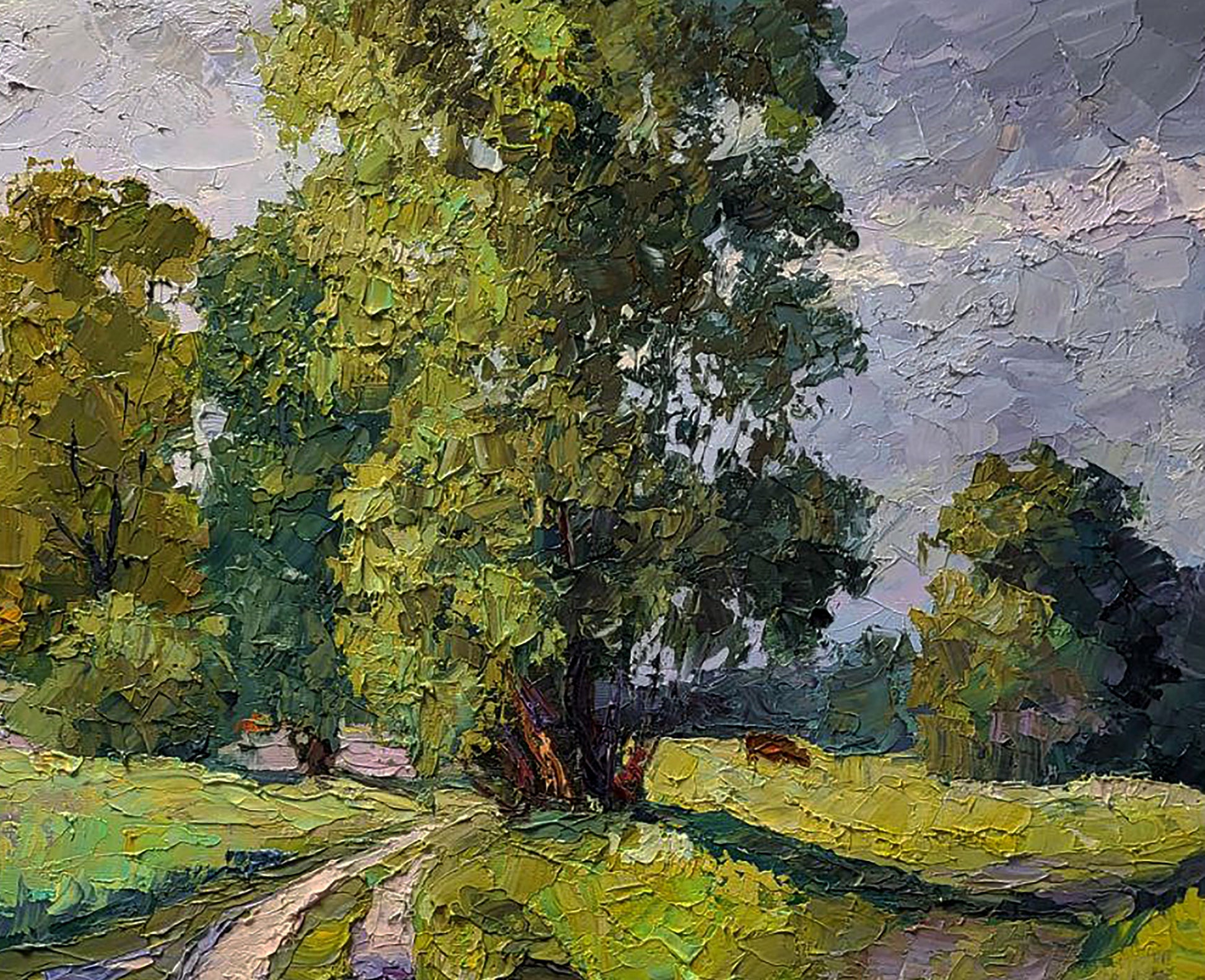 Textured impressionist oil painting of lush green tree by Serdyuk Boris Petrovich