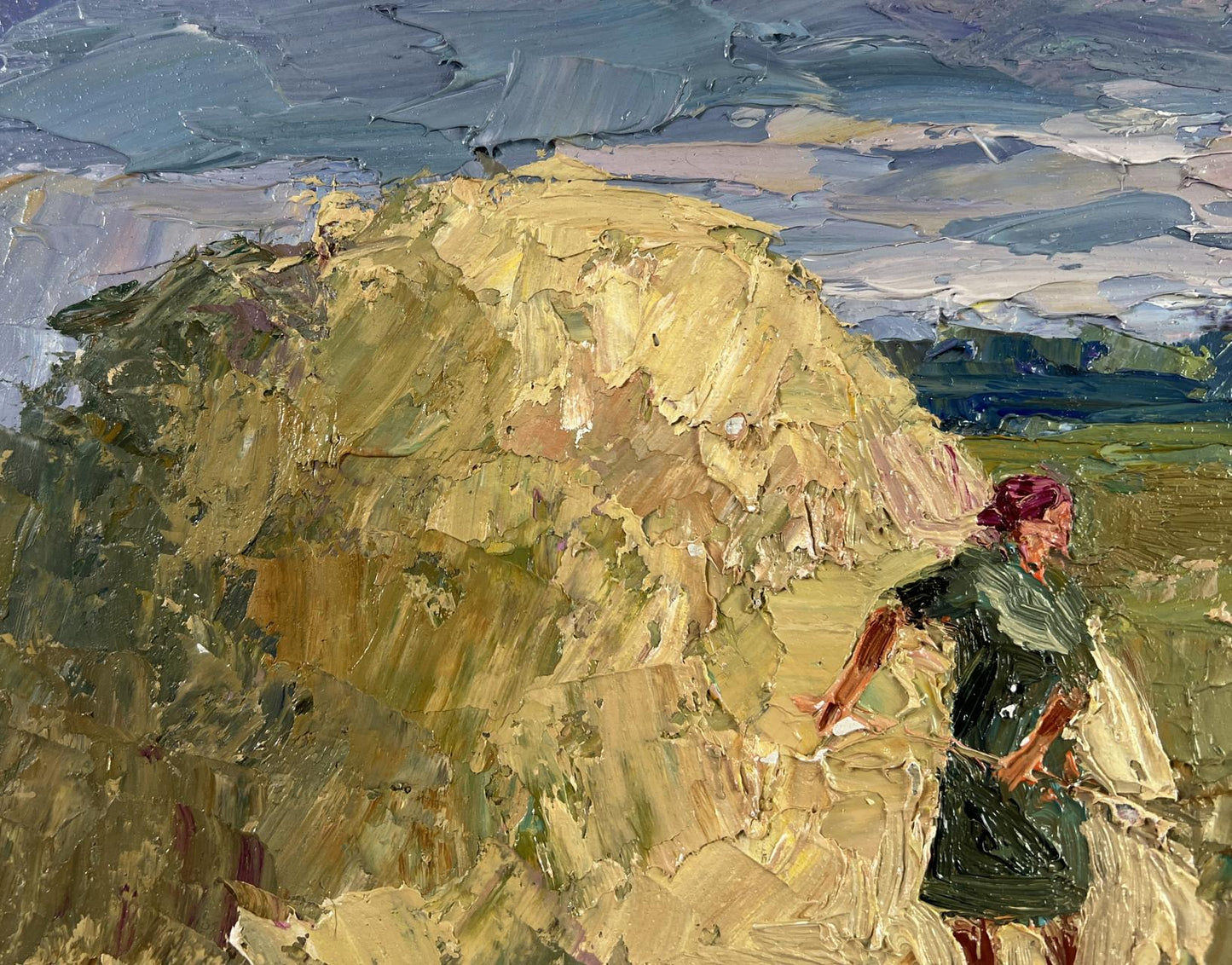 Oil painting by Boris Serdyuk: woman in green by golden haystack under cloudy sky