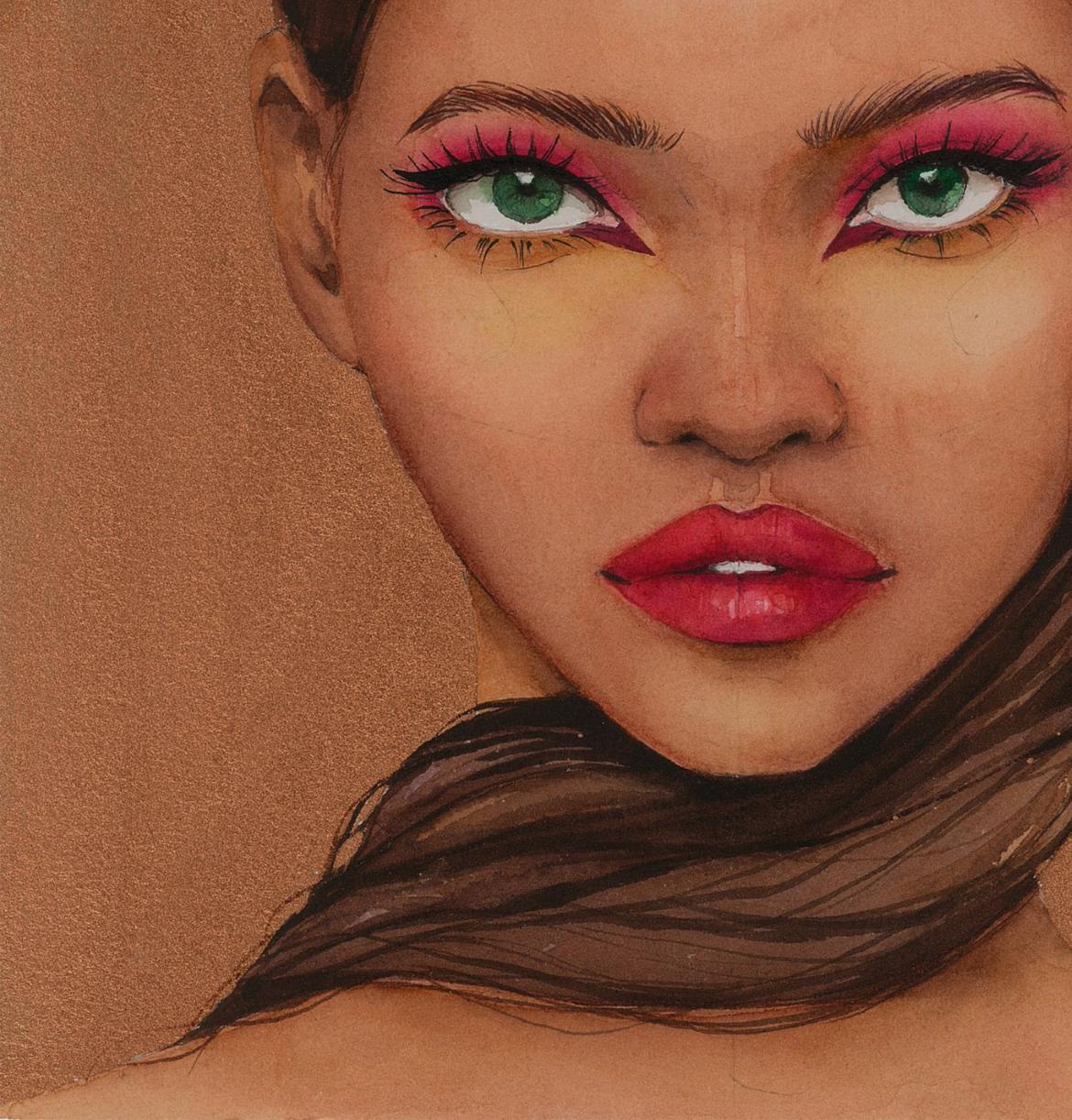 Watercolor portrait Lady in Gold by Victoria Kagalovska, green eyes, pink shadow