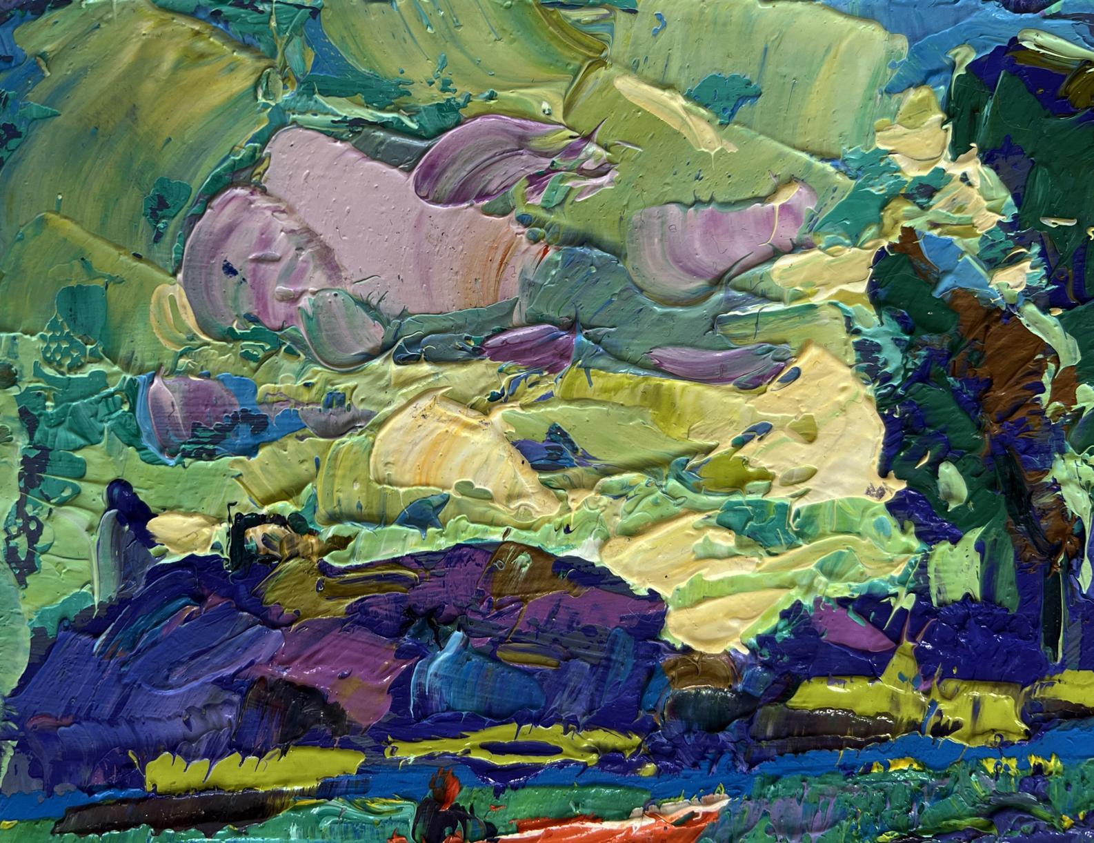 Vibrant impressionist oil painting of river and yellow sunset by Oleksiy Ivanyuk