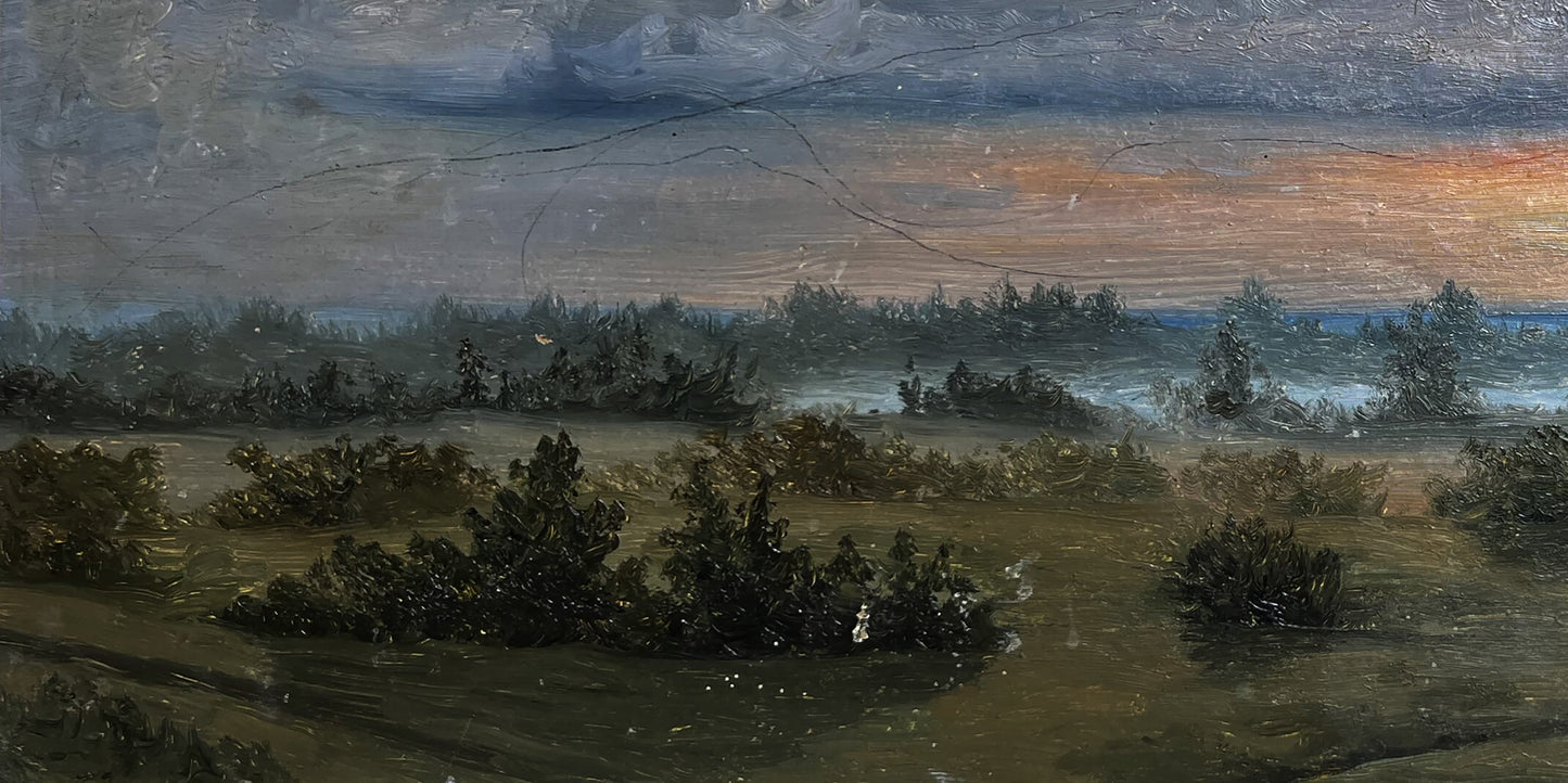 Oil painting Sunset Nikolay Sorokin: muted landscape with orange horizon clouds