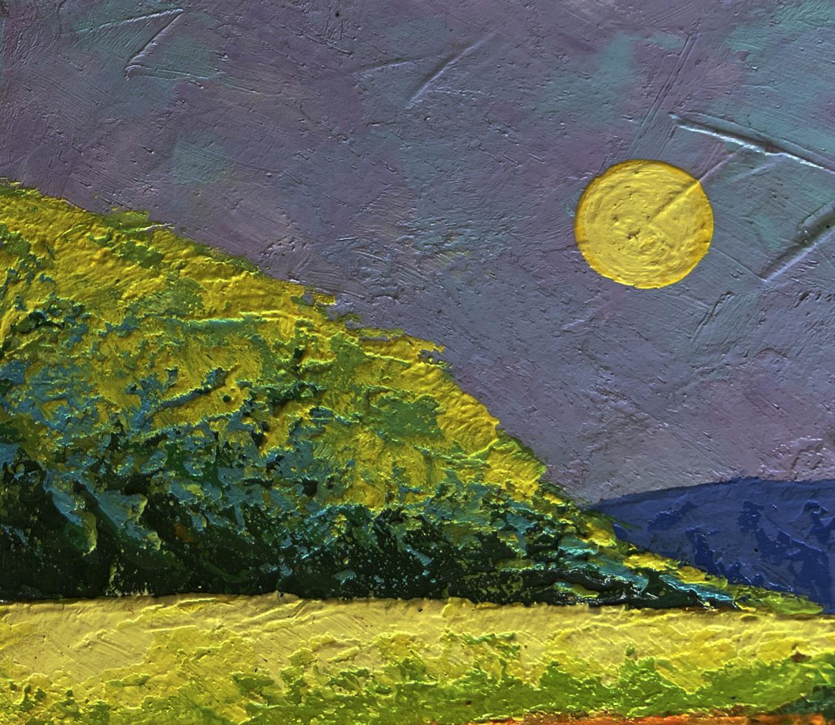 Oil painting Harmony of Nature by V. Zadorozhnya: yellow sun, purple sky, green hills
