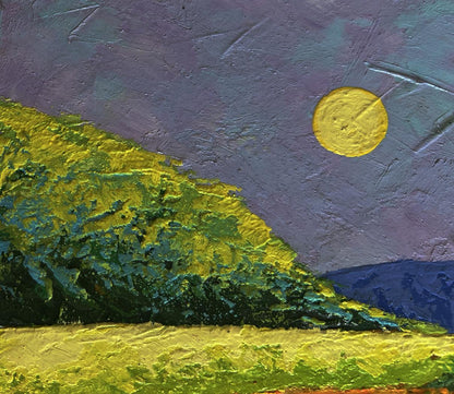Oil painting Harmony of Nature by V. Zadorozhnya: yellow sun, purple sky, green hills