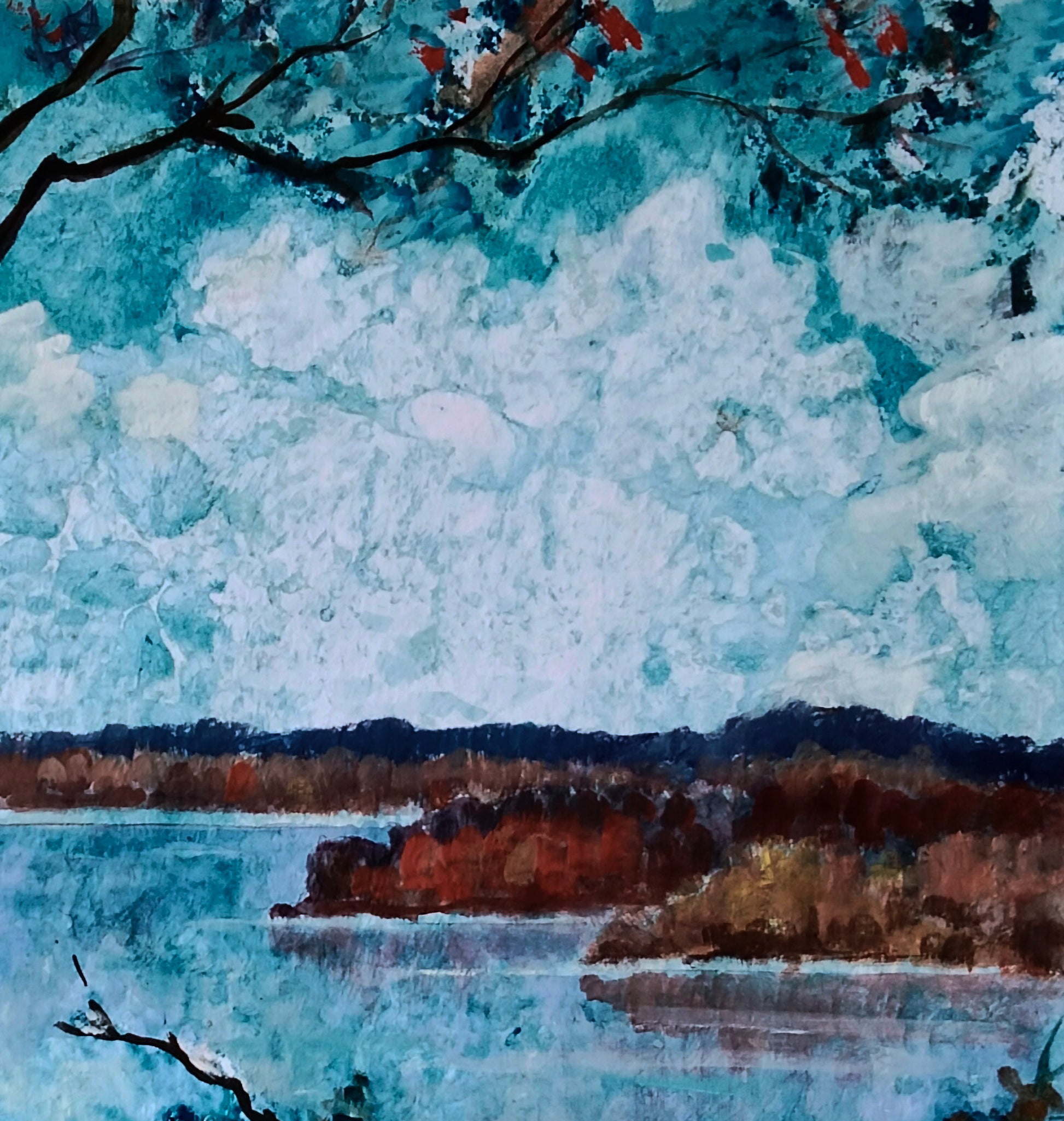 Oil painting by Vitaly Duhnevich: river winding through field under dynamic sky