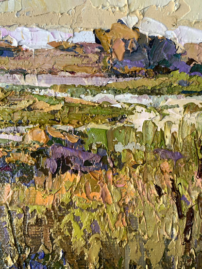 Oil painting River flood Oksana Ivanyuk textured impasto greens ochres
