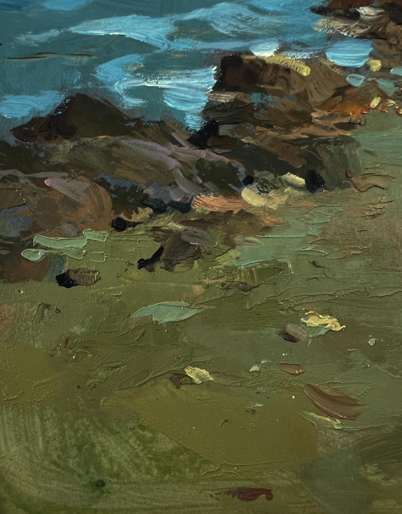 Textured oil painting of rocky shoreline with lighthouse by Yuriy Suprunchuk