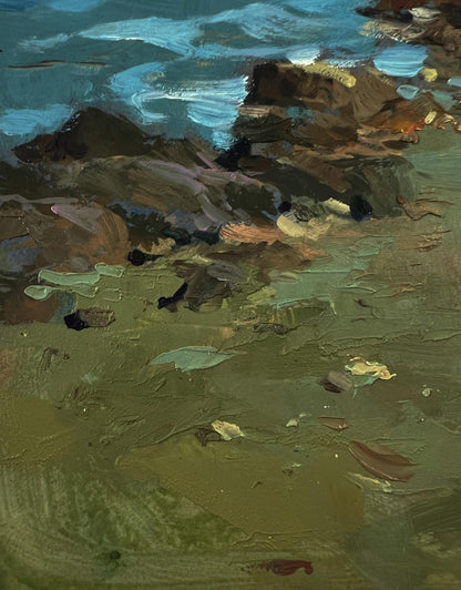 Textured oil painting of rocky shoreline with lighthouse by Yuriy Suprunchuk