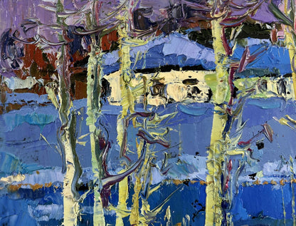 Vibrant impressionist oil painting The first breath of spring by Oksana Ivanyuk with birch trees
