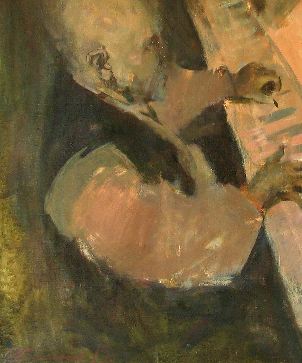 Textured impressionistic oil painting Adagio by Ed Potapenkov, man in dark clothing holding object near face