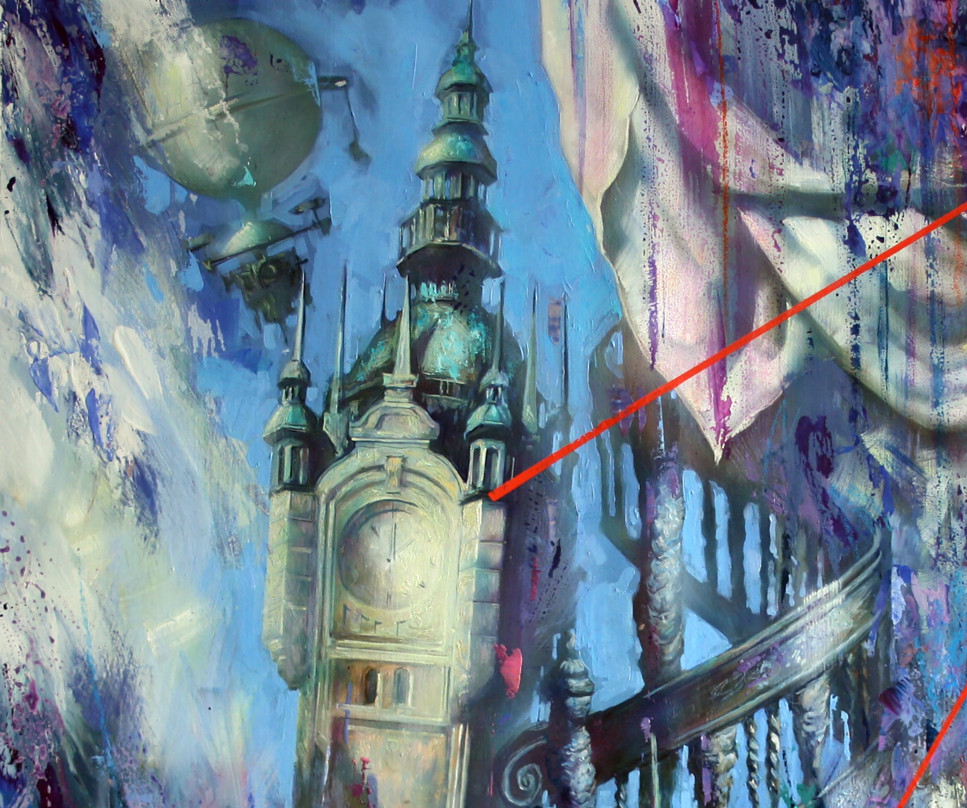 Oil painting Myths of the city by Alexander Dobrodiy: ornate clock tower