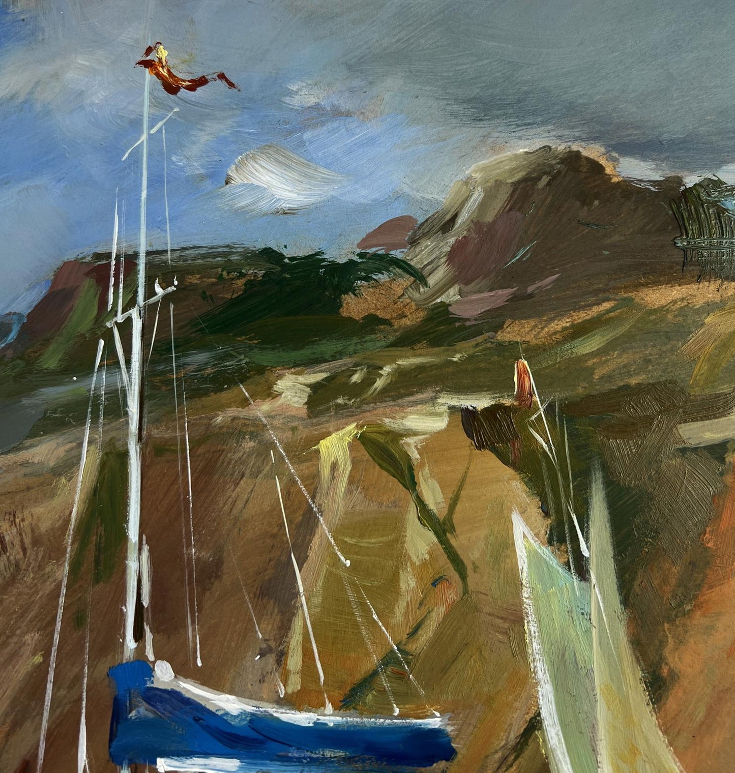 Vibrant oil painting of blue sailboat sailing away on yacht by Yuriy Suprunchuk