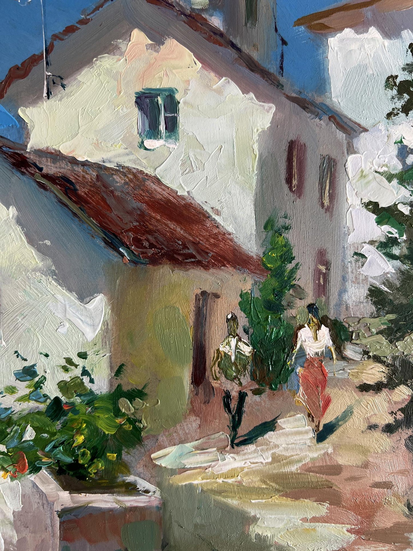 Textured oil painting by Yuriy Suprunchuk of sunlit old village street