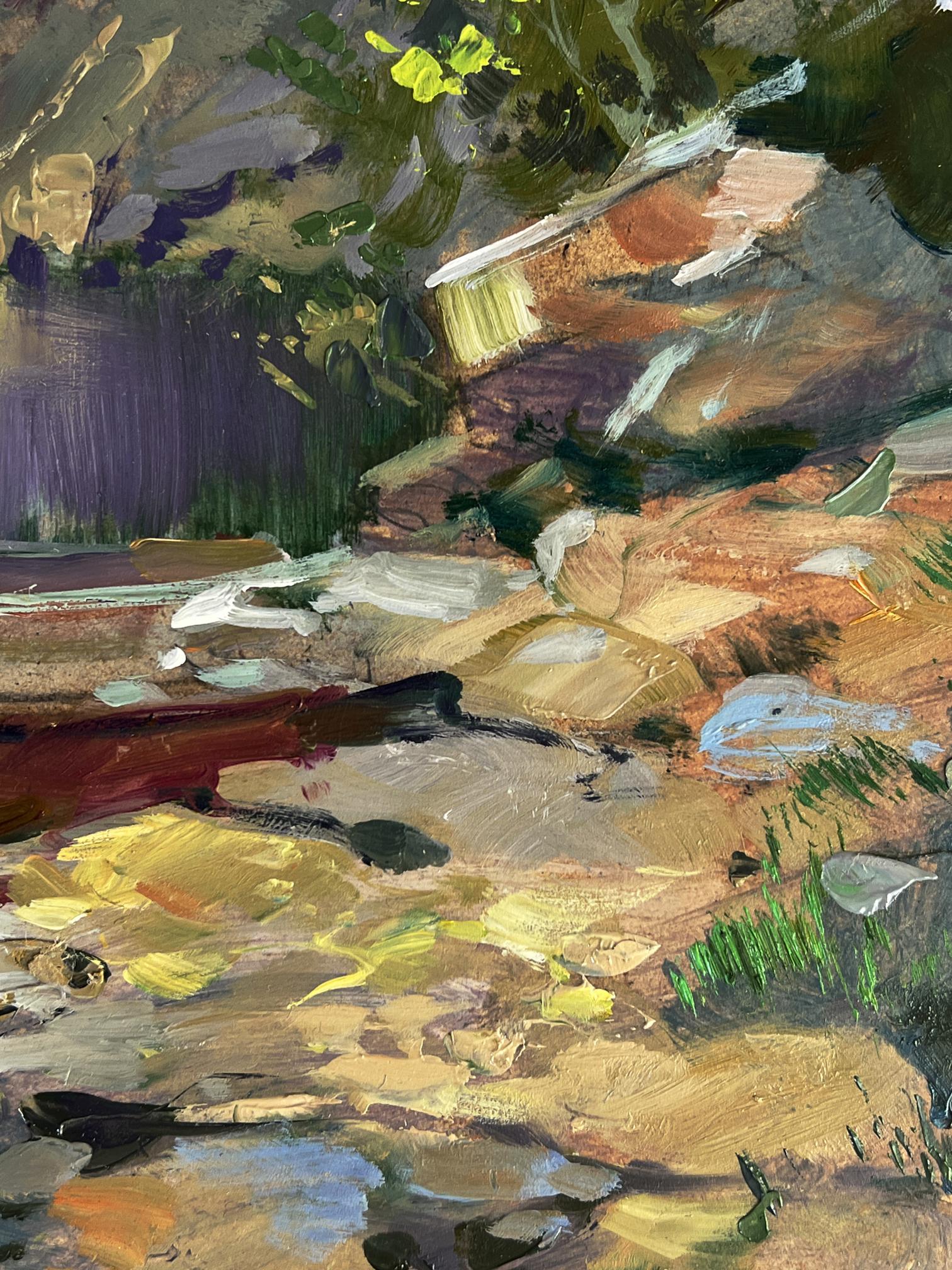 Impressionistic oil painting by Yuriy Suprunchuk of rocky sunlit streambed