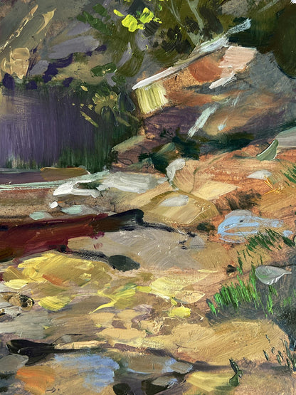 Impressionistic oil painting by Yuriy Suprunchuk of rocky sunlit streambed