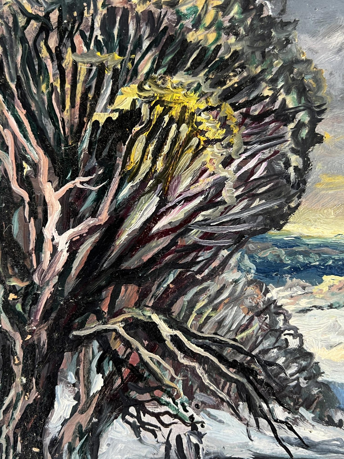 Oil painting of gnarled winter forest stream tree by Alexander Litvinov
