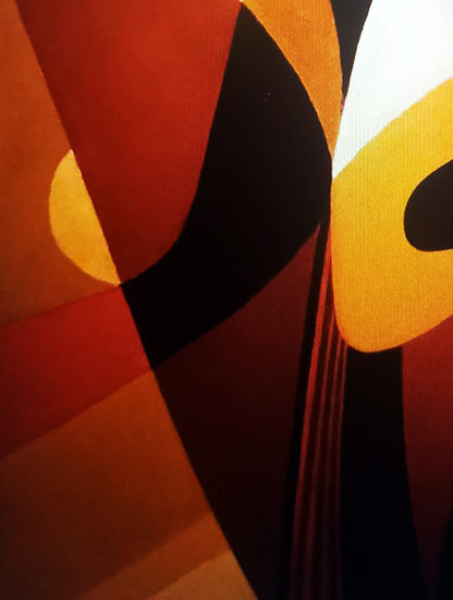 Oil painting Warm forms by Alexander Strashevich: vibrant orange, black, yellow geometric textile