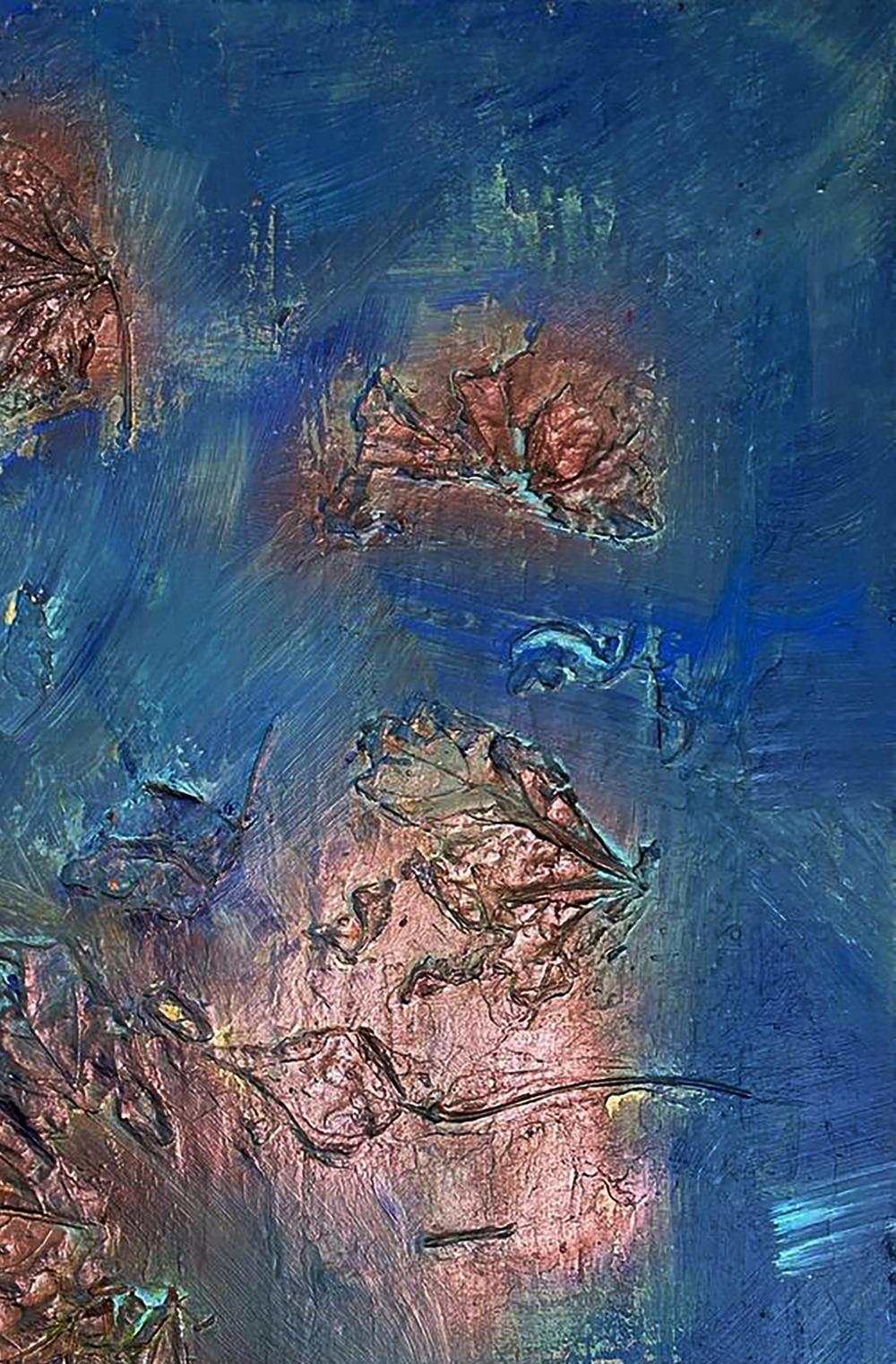 Abstract acrylic painting Leaves in water by Olga Melezhik, textured copper rose gold leaves on deep blue