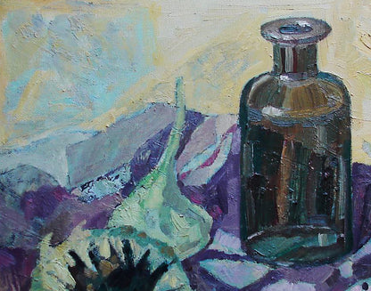 Dark green glass bottle with metallic cap in Tatyana Shulyak oil painting still life