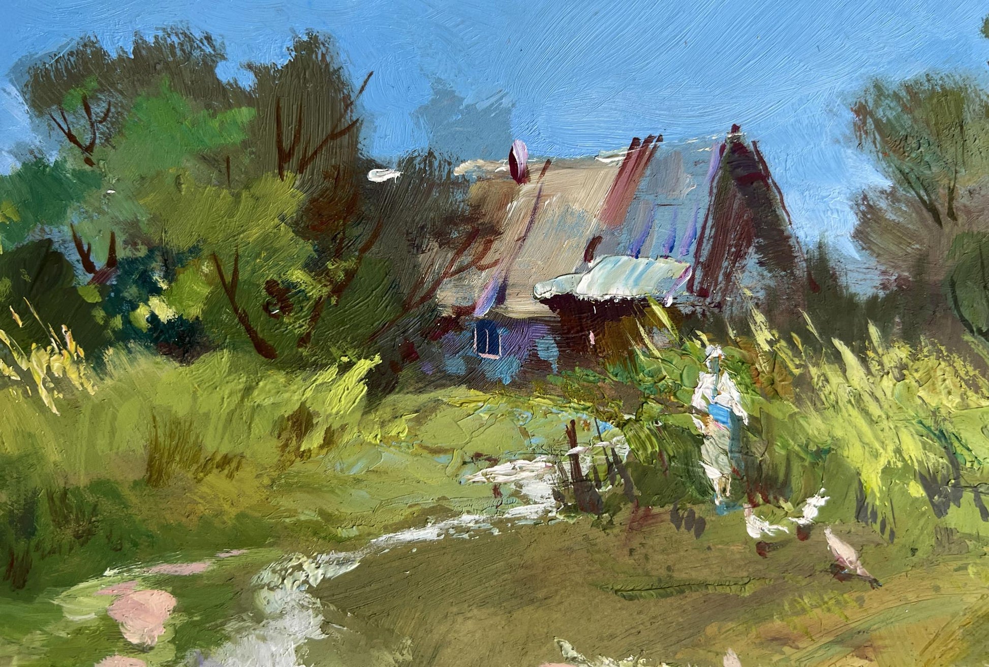 Oil painting The road to the river Yuriy Suprunchuk rustic house in lush trees