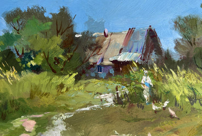 Oil painting The road to the river Yuriy Suprunchuk rustic house in lush trees