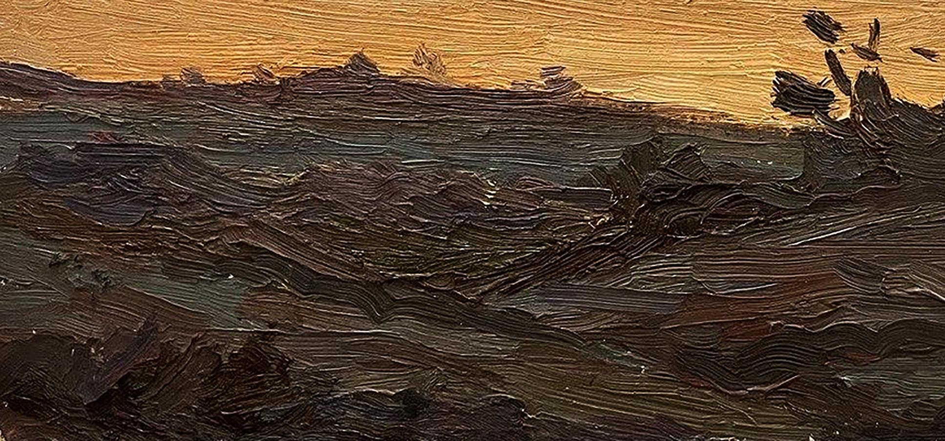 Oil painting In the West by Oleg Kravets: rugged dark landscape under orange sky