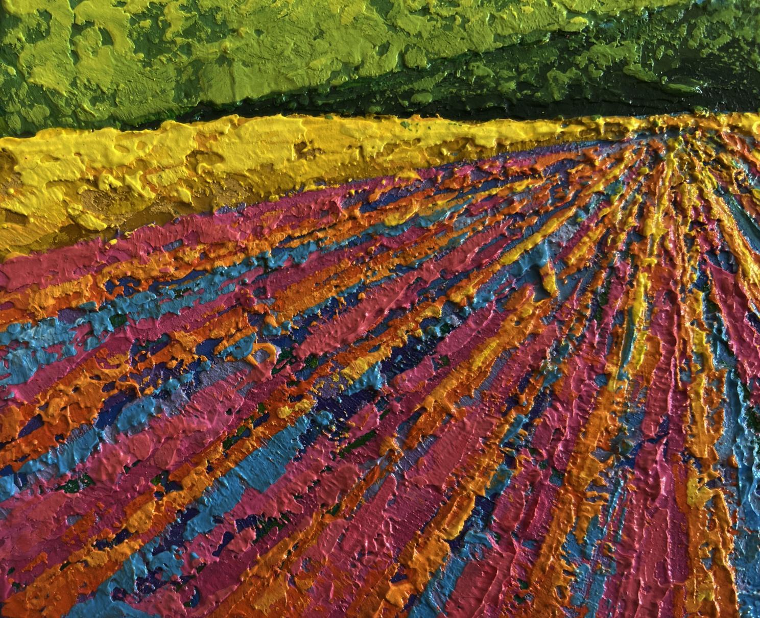 Vibrant oil painting by V. Zadorozhnya: sunset over flower field with bold stripes