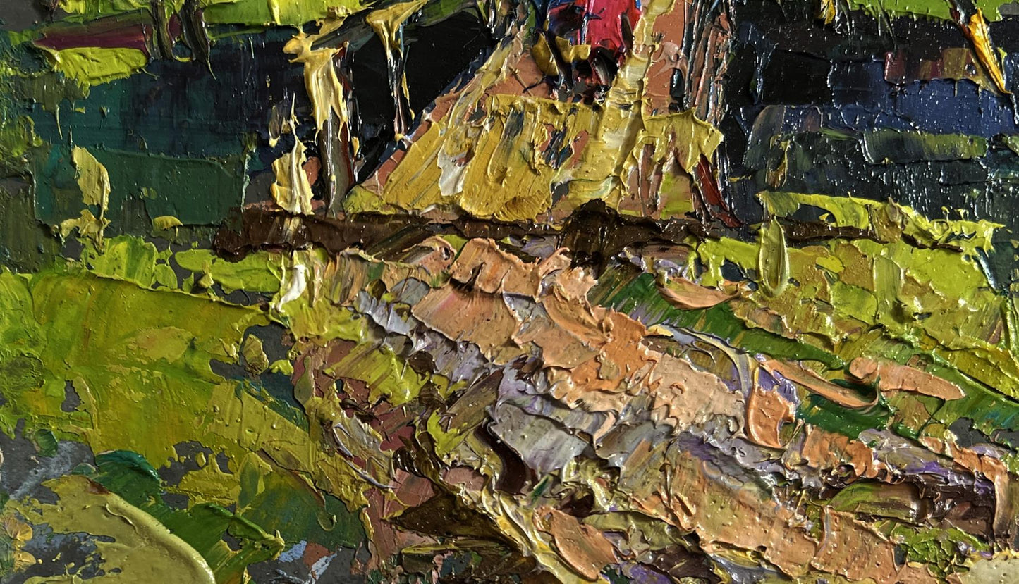 Textured impasto oil painting To the Other Side by Oksana Ivanyuk in green, yellow, brown
