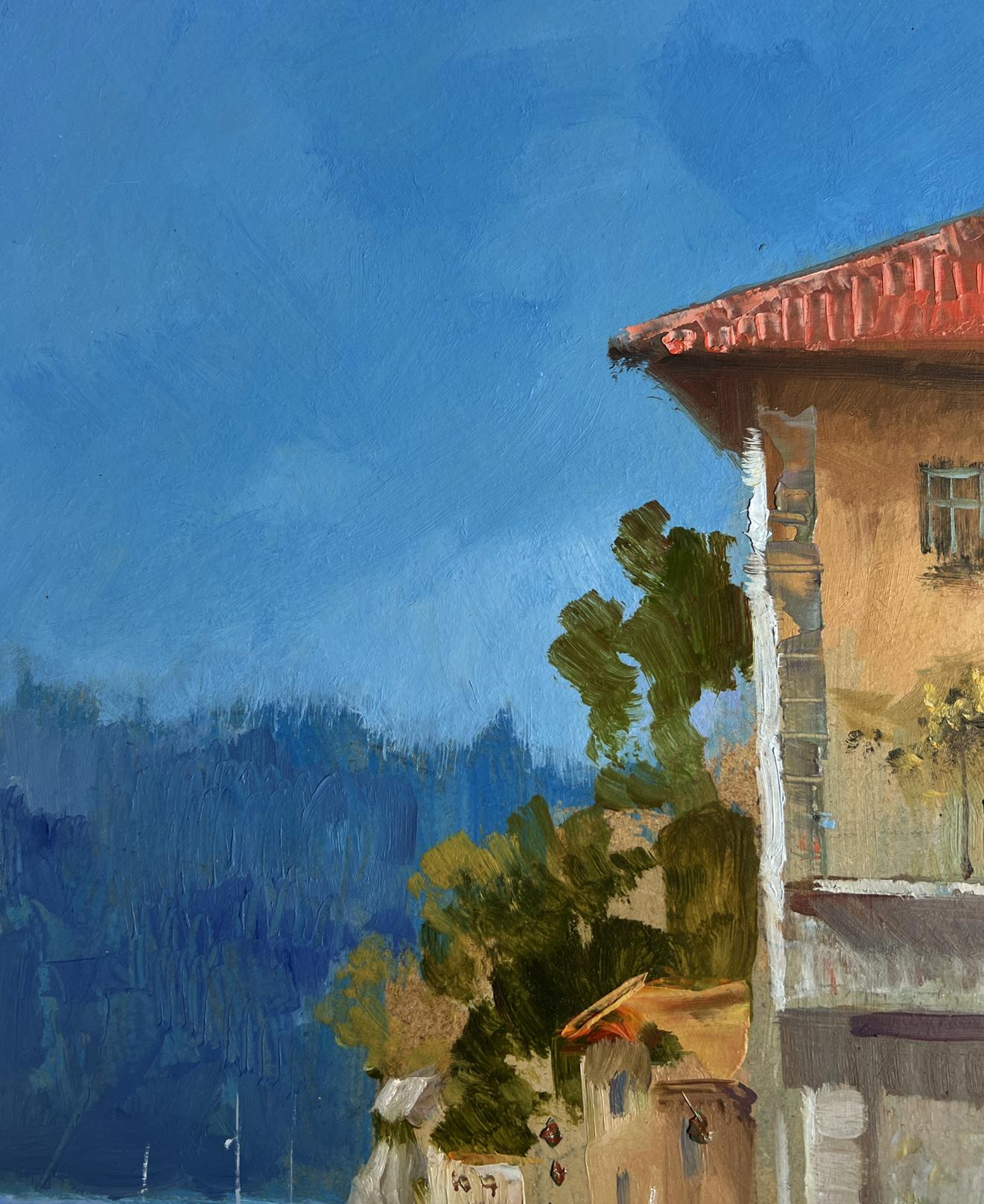 Oil painting of warm-toned coastal building by Yuriy Suprunchuk