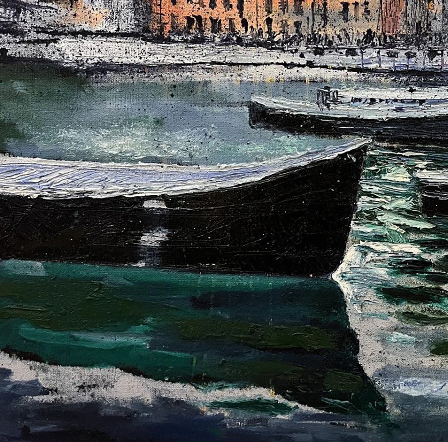 Oil painting by Serhiy Kovalev: dark textured boat in calm water