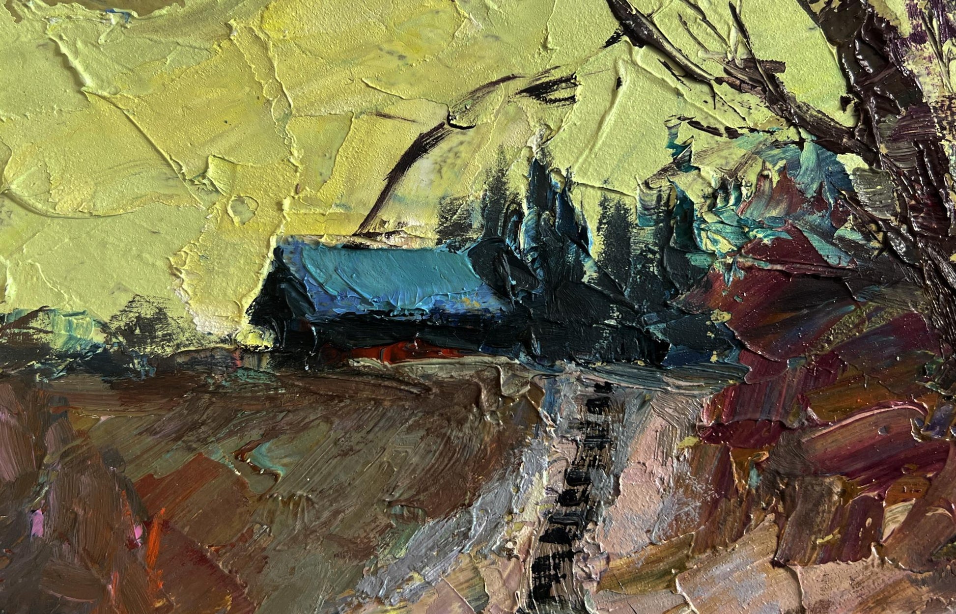 Oil painting of Village Bridge by Boris Serdyuk rustic barn blue roof trees yellow sky