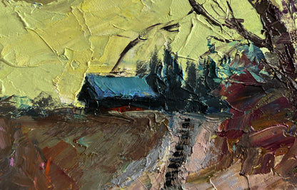 Oil painting of Village Bridge by Boris Serdyuk rustic barn blue roof trees yellow sky