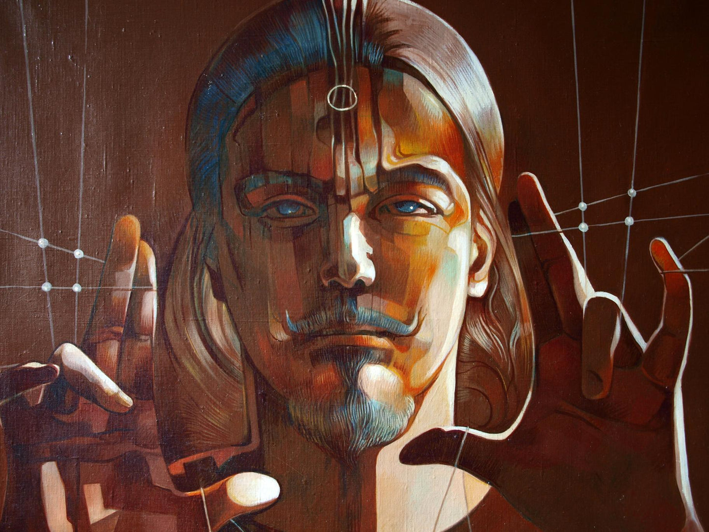Stylized oil portrait of long-haired blue-eyed man by Konsta G. Amelinn