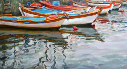 Oil painting by Leonid Pavlenko: colorful wooden fishing boats on pier