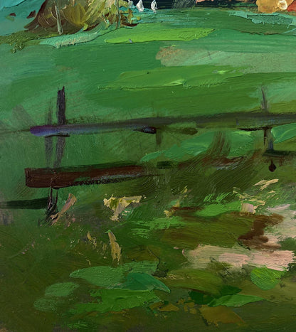 Oil painting of village in mountains by Yuriy Suprunchuk with rustic brown fence