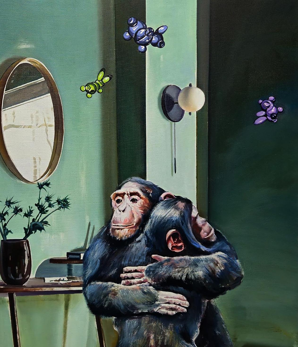 Oil painting of embracing dark-furred chimps by Igor Konovalov