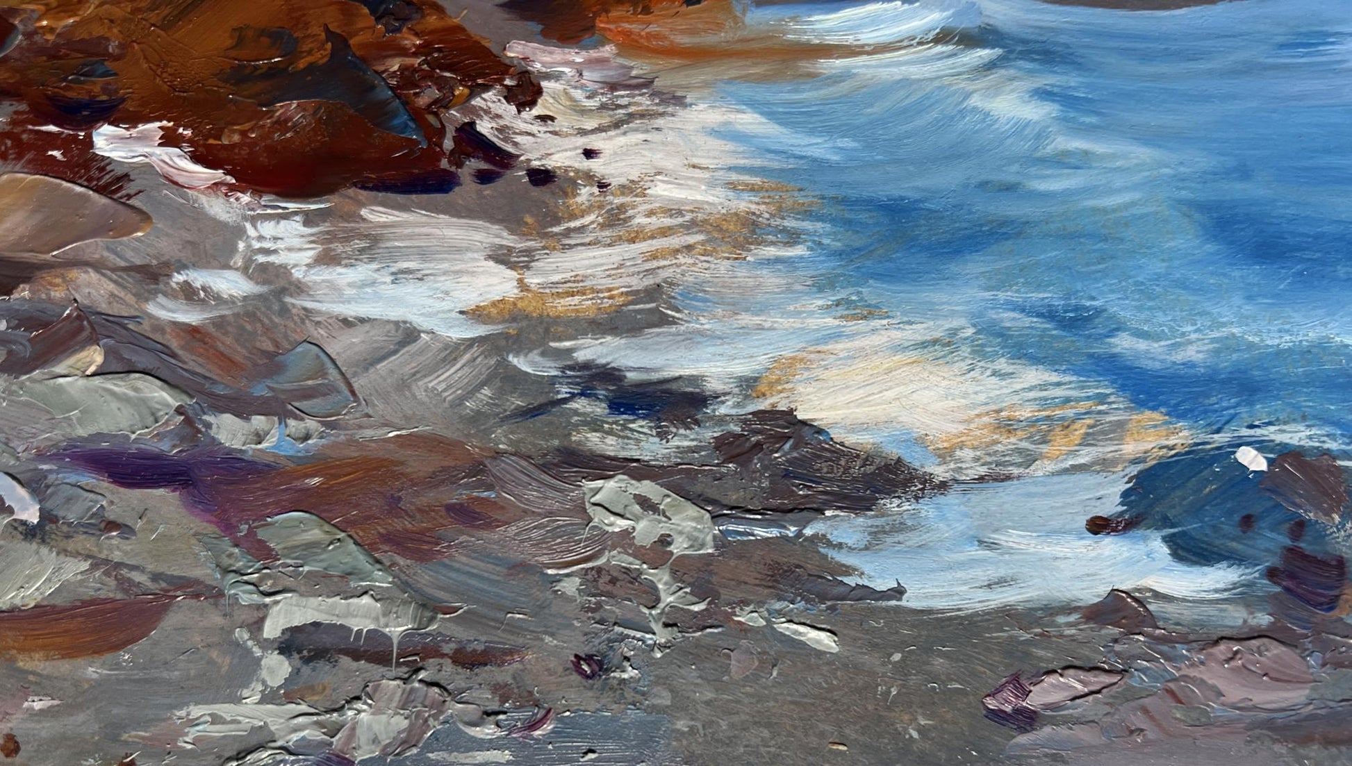 Textured oil painting by Yuriy Suprunchuk of sea waves crashing on rocks
